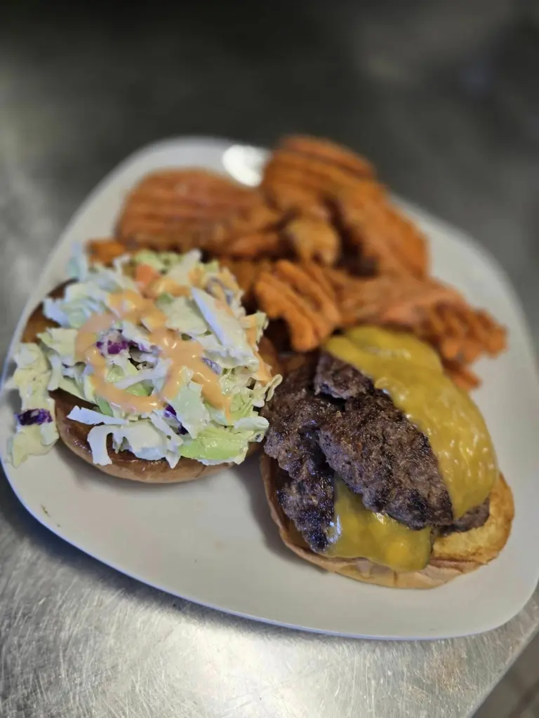 Penny's Sweet Beans Smash Burger and Sweet Potatoes Fries. 