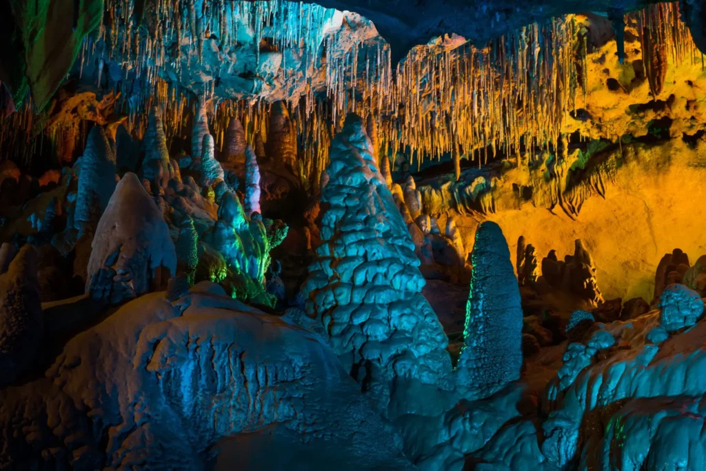 Stalactites and stalagmites inside the caves at Florida Caverns