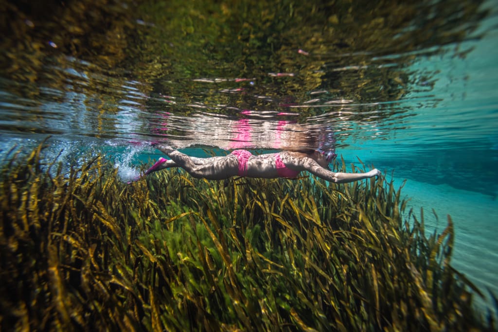 girl swimming in pond letting her curiosity lead her