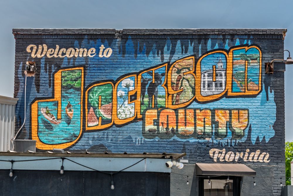 A Welcome to Jackson County mural with each letter filled in with something to represent the county. Waterways, cotton, gaters, watermelon, cows, peanuts and the historical Russ House.