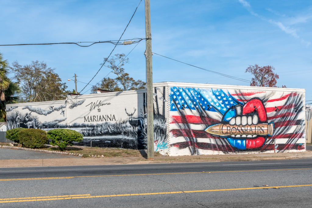 One mural features a hunting scene with the words Welcome to Marianna and adjacent to it is a background American flag with red and blue lips holding a bullet